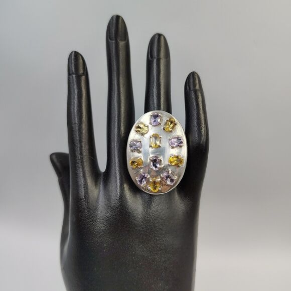 Sterling Silver 925 Amethyst Citrine Statement Oval Shield Shape Ring Sz 8 - Picture 3 of 16